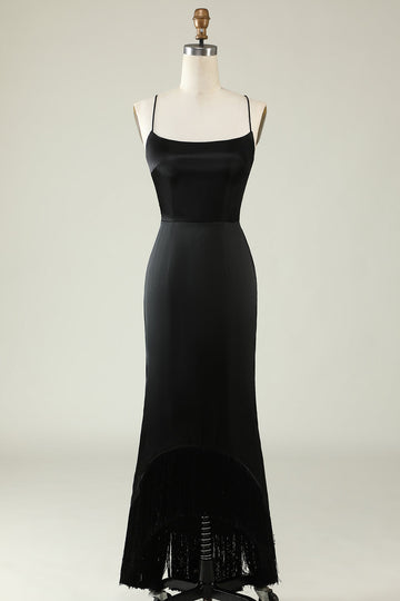 Spaghetti Straps Black Satin Ball Dress with Fringes